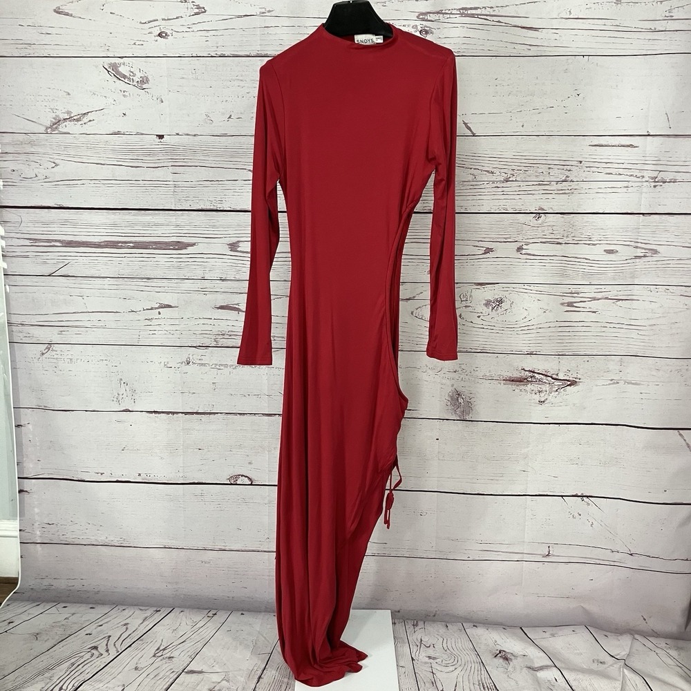 SNDYS Red Bodycon Maxi Dress Ruched Side Cutout Long Sleeve Sz AU 10 US 6